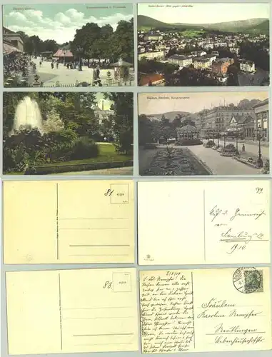 Baden-Baden 1910 (intern : )  4 Ansichtskarten. PLZ-Bereich pauschal 76530. Postalisch nur 1 AK gelaufen 1910