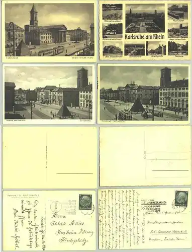 (1021075)  4 Ansichtskarten aus der Zeit 1933-1940 mit Motiven aus Karlsruhe / Baden. PLZ-Bereich pauschal 76131. Zwei Karten sind postalisch gelaufen 1933 / 1940