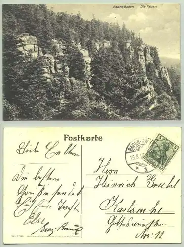 Baden-Baden 1907 (intern : ) Ansichtskarte. PLZ-Bereich pauschal 76530. Postalisch gelaufen 1907 ? (etwas unleserlich)