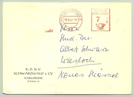 Brief Karlsruhe 1957 (intern : ) Hübsches Briefkuvert mit Stempel von KARLSRUHE 1957. Eventuell auch fuer den AK- u. Heimatsammler interessant ?