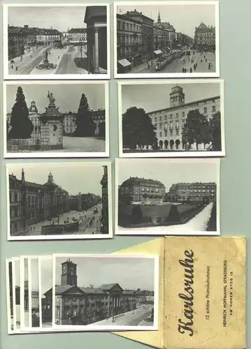 ()  12 herrliche kleine Einzelfotos mit Motiven aus Karlsruhe in Originalhuelle. Photo-Hoffmann, Strassburg, um 1933-40