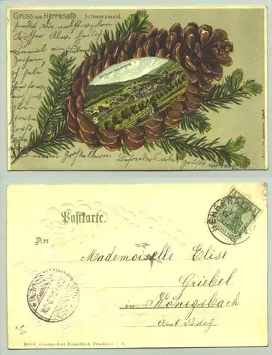 () Ansichtskarte. Gruss aus Herrenalb - Praegedruckkarte. PLZ-Bereich pauschal 76332. Postalisch gelaufen 1904