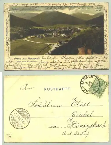 Herrenalb 1904 (intern : ) Ansichtskarte. Vom Falkenstein. PLZ-Bereich pauschal 76332. Postalisch gelaufen 1904