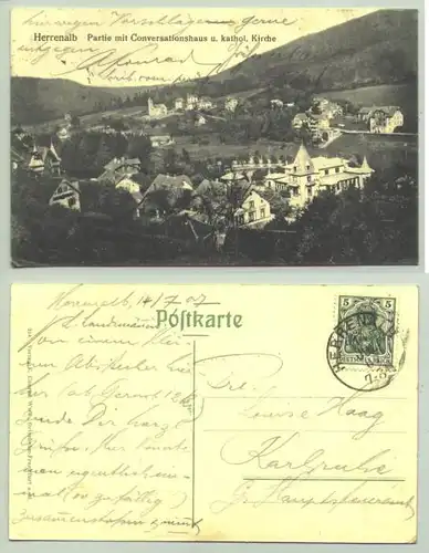 Herrenalb 1907 (intern : ) Ansichtskarte. Partie mit Conversationshaus u. kathol. Kirche. PLZ-Bereich pauschal 76332. Postalisch gelaufen 1907