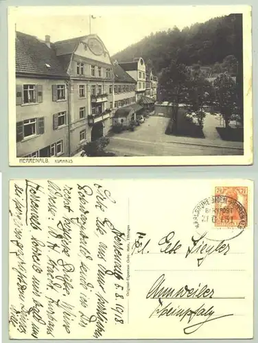 Herrenalb 1918 (intern : 1021207) Ansichtskarte. PLZ-Bereich pauschal 76332. Postalisch gelaufen 1918 / Bahnpoststempel