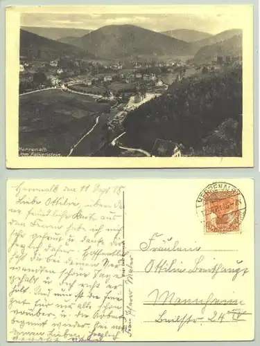 Herrenalb 1918 (intern : ) Ansichtskarte. Vom Falkenstein. PLZ-Bereich pauschal 76332. Postalisch gelaufen 1918