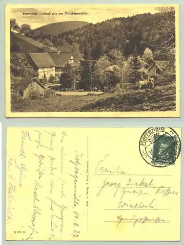 Herrenalb 1927 (intern : ) Ansichtskarte. Gruss aus der Plotzsaegemuehle. PLZ-Bereich pauschal 76332. Postalisch gelaufen 1927