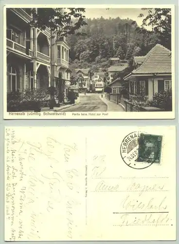 Herrenalb 1928 (intern : 1021195) Ansichtskarte. Partie beim Hotel zur Post. PLZ-Bereich pauschal 76332. Postalisch gelaufen 1928