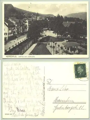 Herrenalb 1929 (intern : ) Ansichtskarte. PLZ-Bereich pauschal 76332. Postalisch gelaufen 1929