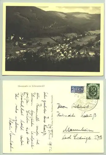 Herrenalb 1952 (intern : 1021227)  Ansichtskarte. PLZ-Bereich pauschal 76332. Postalisch gelaufen 1952