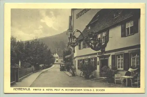 Herrenalb um 1920 ? (intern : ) Ansichtskarte. Partie beim Hotel zur Post mit histor. Schild z. Ochsen. PLZ-Bereich pauschal 76332. Postalisch nicht gelaufen