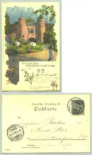 () Ansichtskarte. Velten's Künstlerpostkarte No. 480. Karlsruhe - Botanischer Garten. PLZ-Bereich pauschal 76131. Postalisch gelaufen 1900