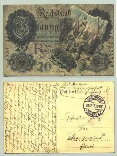 (1021153) Interessante Ansichtskarte mit einem wohl nicht haeufigen Motiv eines Geldscheines nebst Abb. der Nymphengruppe in Karlsruhe