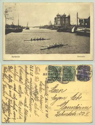 () Ansichtskarte. Karlsruhe - Rheinhafen. PLZ-Bereich pauschal 76131. Postalisch gelaufen 1920