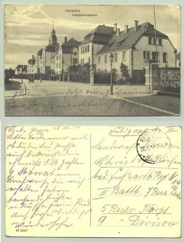(1021149) Ansichtskarte. Karlsruhe - Telegraphen-Kaserne. PLZ-Bereich pauschal 76131. Postalisch gelaufen 1914