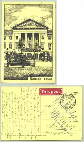 () Künstlerzeichnung "Karlsruhe - Rathaus". PLZ-Bereich pauschal 76131. Postalisch gelaufen 1917