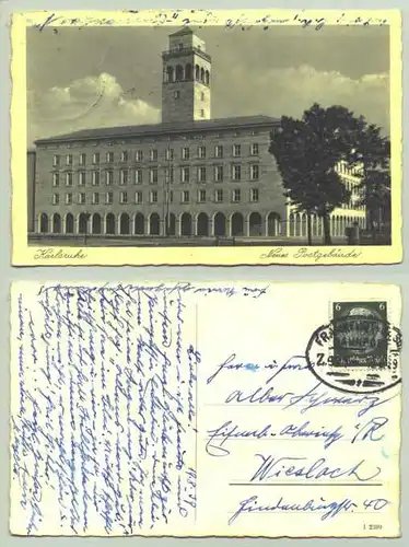 () Ansichtskarte. Karlsruhe - Neues Postgebäude. PLZ-Bereich pauschal 76131. Postalisch gelaufen 1939