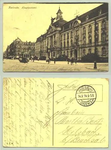(1021109) Alte Ansichtskarte. Karlsruhe - Hauptpostamt. PLZ-Bereich pauschal 76131. Postalisch gelaufen 1914