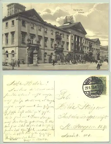(1021164) Ansichtskarte. Karlsruhe. Rathaus. PLZ-Bereich pauschal 76131. Postalisch gelaufen 1913