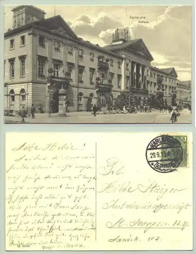 () Ansichtskarte. Karlsruhe. Rathaus. PLZ-Bereich pauschal 76131. Postalisch gelaufen 1913