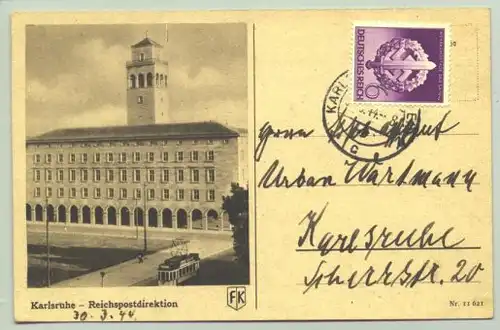 () Ansichtskarte / Bildpostkarte "Karlsruhe - Reichspostdirektion". PLZ-Bereich pauschal 76131. Postalisch gelaufen 1944