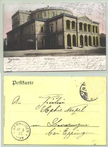 ()  Ansichtskarte. Karlsruhe - Hoftheater. PLZ-Bereich pauschal 76131. Postalisch gelaufen 1905, Marke geloest