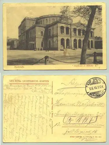 () Ansichtskarte. Karlsruhe - Hoftheater. PLZ-Bereich pauschal 76131. Postalisch gelaufen 1916