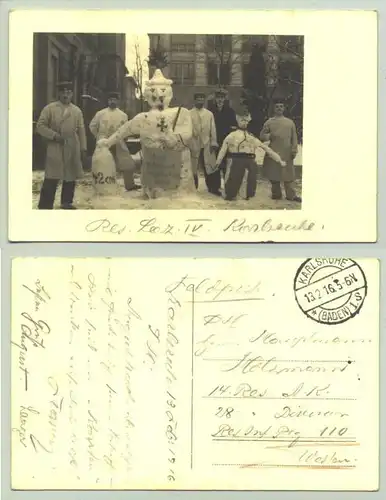 () Huebsche private Foto-Ansichtskarte aus dem 1. Weltkrieg. Reserve-Lazarett IV. Karlsruhe. PLZ-Bereich pauschal 76131. Postalisch gelaufen 1916