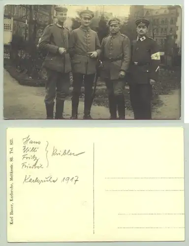 () Huebsche private Foto-Ansichtskarte aus dem 1. Weltkrieg. Aufnahme von Karl Bauer, Karlsruhe, nebst handschriftl. Notiz KA 1917. PLZ-Bereich pauschal 76131. Postalisch nicht gelaufen. Originalkarte