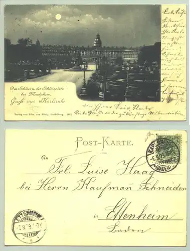 Karlsruhe 1899 (intern : ) Alte Ansichtskarte. Mondscheinkarte. PLZ-Bereich pauschal 76131. Postalisch gelaufen 1899