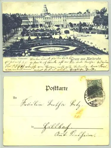 Karlsruhe 1900 (intern : ) Ansichtskarte. PLZ-Bereich pauschal 76131. Postalisch gelaufen 1900