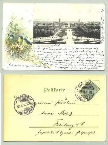 Karlsruhe 1901 (intern : ) Ansichtskarte mit huebschem Motiv. PLZ-Bereich pauschal 76131. Postalisch gelaufen 1901