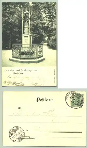 Karlsruhe 1901 (intern : )  Ansichtskarte. Hebeldenkmal. PLZ-Bereich pauschal 76131. Postalisch gelaufen 1901 mit Bahnpoststempel