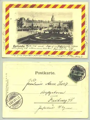 Karlsruhe 1902 (intern : ) Ansichtskarte mit huebschem Praegedruckrahmen. PLZ-Bereich pauschal 76131. Postalisch gelaufen 1902