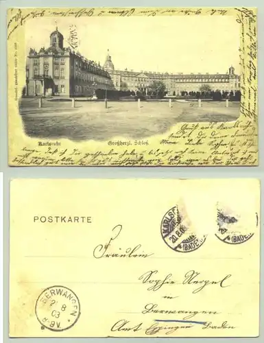 Karlsruhe 1903 (intern : )  Ansichtskarte. PLZ-Bereich pauschal 76131. Postalisch gelaufen 1903, Marken abgerupft