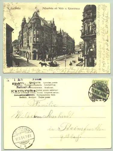 Karlsruhe 1904 (intern : ) Alte Ansichstkarte "Hofapotheke mit Wald- und Kaiserstrasse". PLZ-Bereich pauschal 76131. Postalisch gelaufen 1904