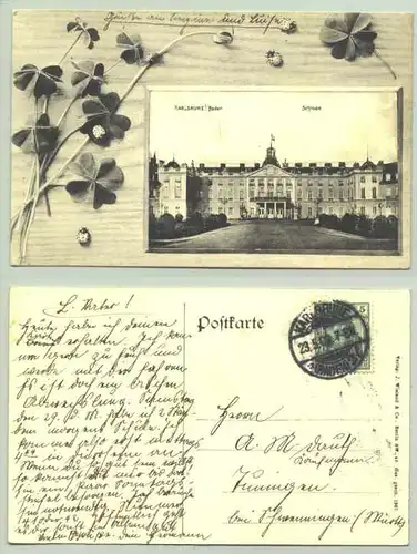 Karlsruhe 1909 (intern : ) Ansichtskarte "Schloss". PLZ-Bereich pauschal 76131. Postalisch gelaufen 1909