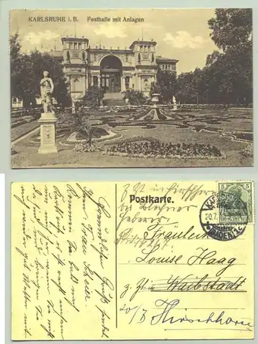 Karlsruhe 1910 (intern : ) Ansichtskarte. Festhalle. PLZ-Bereich pauschal 76131. Postalisch gelaufen 1910