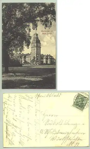 Karlsruhe 1912 (intern : ) Ansichtskarte "Grossh. Schloss". PLZ-Bereich pauschal 76131. Postalisch gelaufen 1912