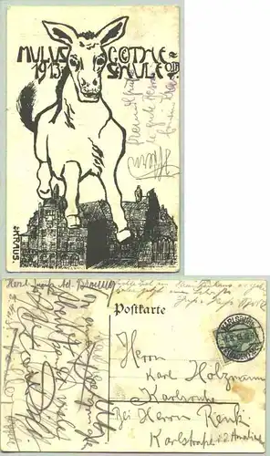 () Vermutlich sehr seltene alte Ansichtskarte von Karlsruhe "Mulus 1913 Goetheschule O I". PLZ-Bereich 76131. Beschrieben u. postalisch gelaufen mit Marke u. Stempel v. 1913