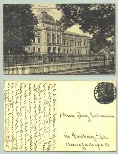 Karlsruhe 1913 (intern : ) Ansichtskarte. Grossherzogl. Sammlungsgebaeude Friedrichsplatz. PLZ-Bereich pauschal 76131. Postalisch gelaufen 1913