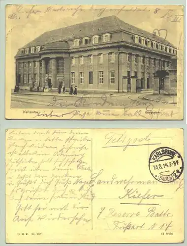 Karlsruhe 1914 (intern : )  Weitere Infos : Ansichtskarte. Bahnpostamt. PLZ-Bereich pauschal 76131. Postalisch gelaufen 1914. Mitte senkr. Knick