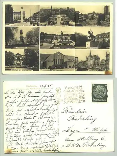 Karlsruhe 1935 (intern : ) Ansichtskarte. PLZ-Bereich pauschal 76131. Postalisch gelaufen 1935 nebst klarem Gaufeststempel