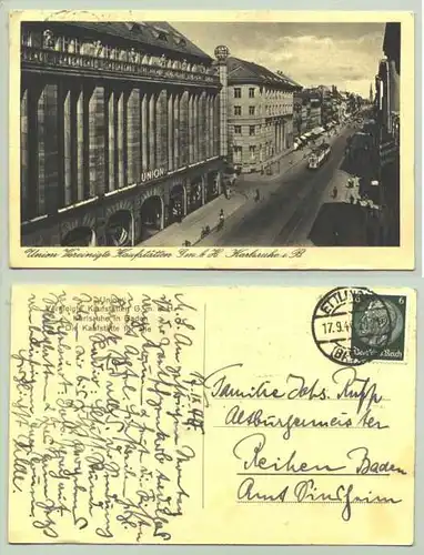 Karlsruhe 1940 (intern : ) Ansichtskarte "UNION Vereinigte Kaufstaetten GmbH". PLZ-Bereich pauschal 76131. Postalisch gelaufen 1940