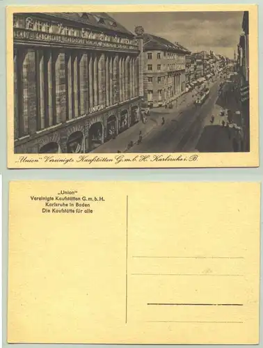 Karlsruhe um 1930 (intern : )  Ansichtskarte "UNION Vereinigte Kaufstaetten GmbH". Postalisch nicht gelaufen, um 1930 ?