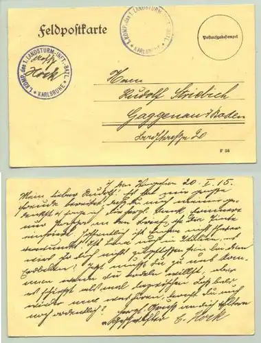 Karlsruhe 1915 (intern : ) Feldpostkarte. Beschrieben 1915 nebst militaerischem Stempel von KARLSRUHE