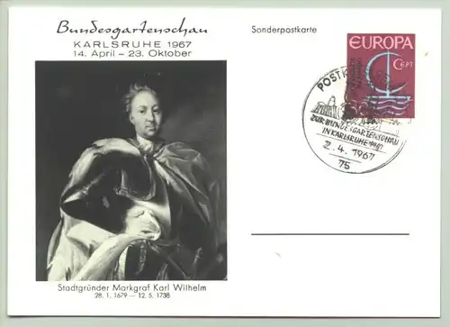 ()  Sonderpostkarte "Bundesgartenschau KARLSRUHE 1967". Sonderstempel : Postkutschenfahrt .... / Rueckseite unbeschrieben