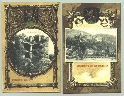 (1019606)  2 alte Ansichtskarten mit Motiven aus Heidelberg. Die Bilder sind gedruckt, jedoch die Stadtwappen aufmontiert. Postalisch nicht gelaufen. Originalkarten aus der Zeit um 1900-1910