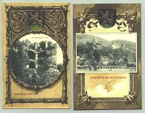 ()  2 alte Ansichtskarten mit Motiven aus Heidelberg. Die Bilder sind gedruckt, jedoch die Stadtwappen aufmontiert. Postalisch nicht gelaufen. Originalkarten aus der Zeit um 1900-1910