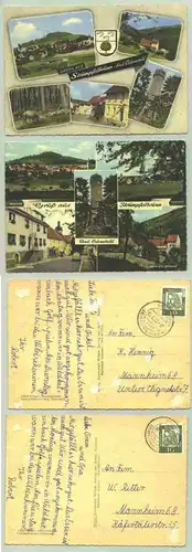 () 2 alte Ansichtskarten mit schoenen Motiven aus Strümpfelbrunn im badischen Odenwald".  mit Marke u. Stempel von 1962